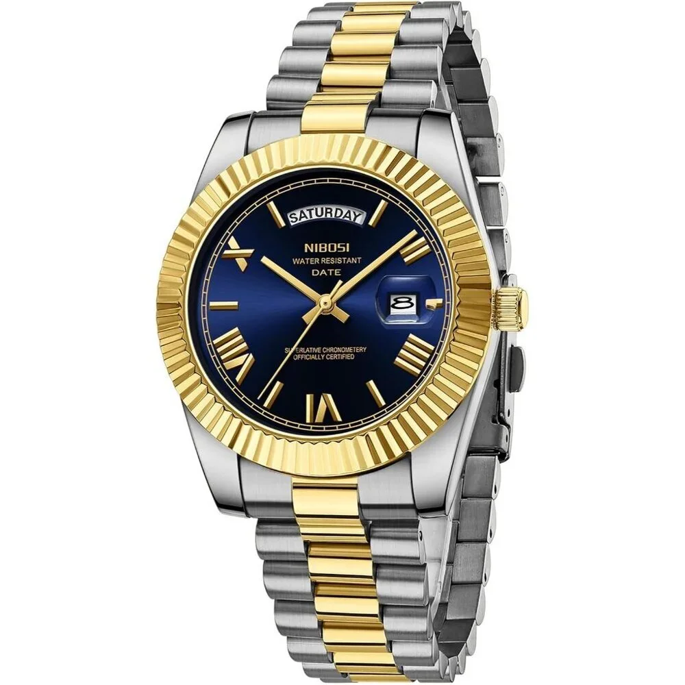 Men's Gold Silver Blue Stain Steel Analog Classic Design Stylish Wrist Watch